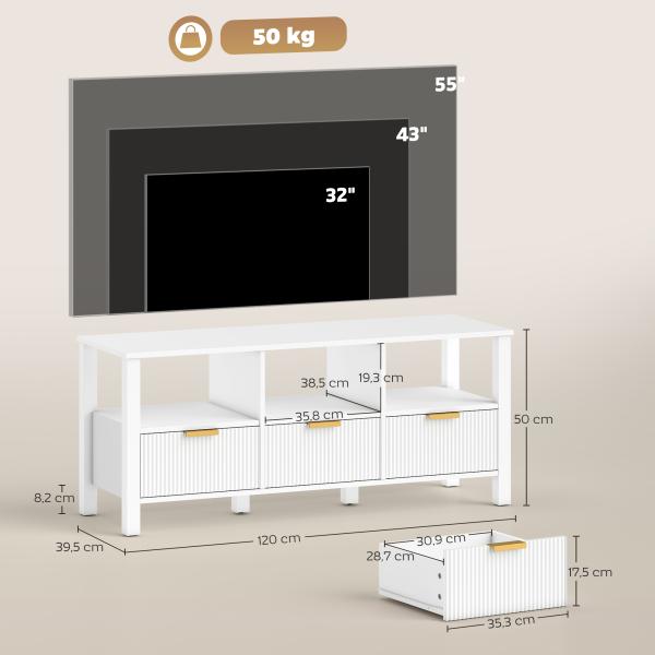 Móvel de TV Moderno com 3 Gavetas e 3 Prateleiras Abertas para Televisores de 43 - 55 Polegadas 120x39,5x50 cm Branco