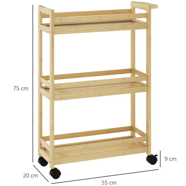 Carrinho para Casa de Banho de Bambu com 3 Níveis Carrinho de Arrumação para Casa de Banho Cozinha 55x20x75 cm Madeira