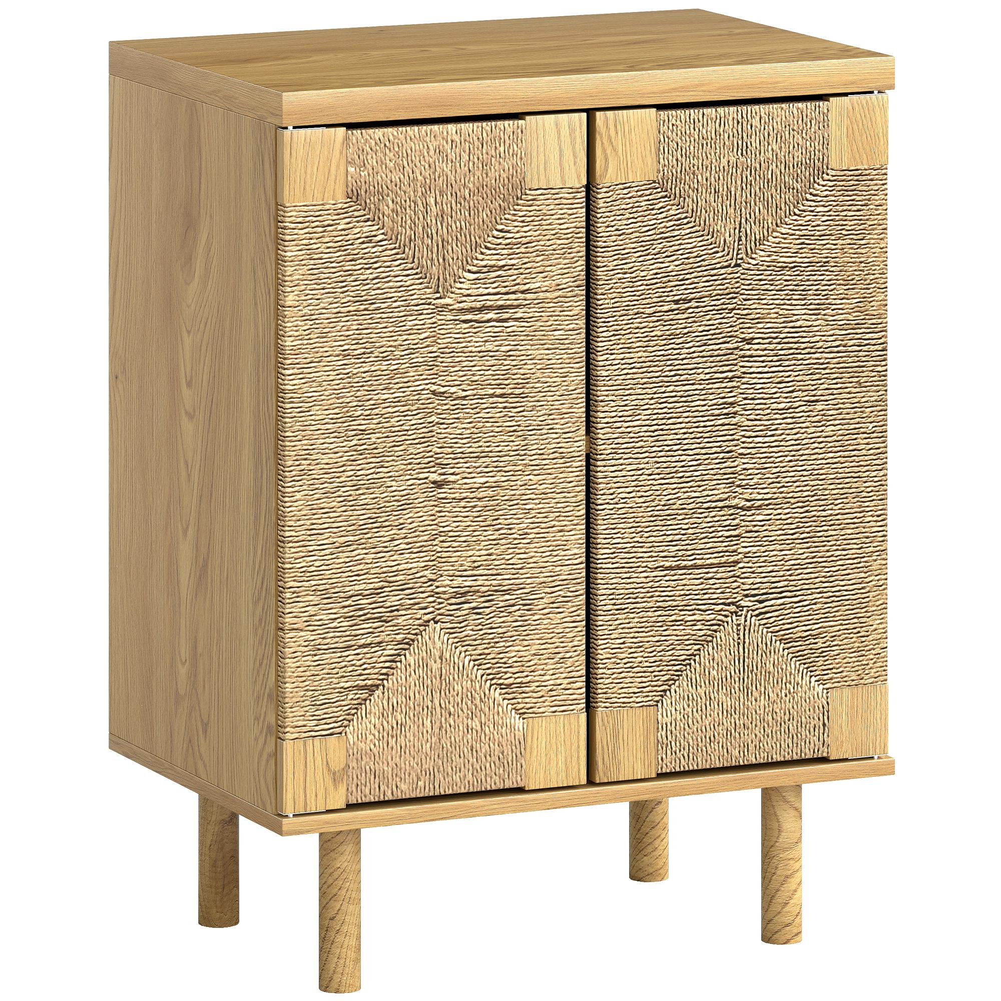 Aparador Boémio de 2 Portas com Corda Tecida à Mão Prateleira Ajustável Abertura por Pressão 60x40x78 cm Carvalho