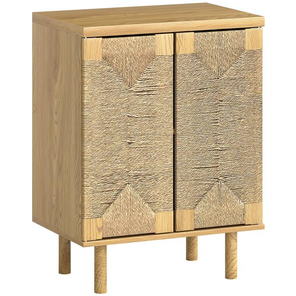 Aparador Boémio de 2 Portas com Corda Tecida à Mão Prateleira Ajustável Abertura por Pressão 60x40x78 cm Carvalho