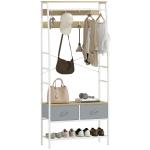 Móvel Cabide de Entrada com Banco Sapateira 8 Ganchos 2 Gavetas de Tecido Barra Prateleira 80x30x180,5 cm Branco e Madeira