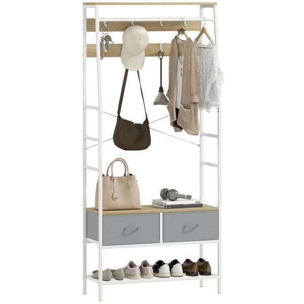 Móvel Cabide de Entrada com Banco Sapateira 8 Ganchos 2 Gavetas de Tecido Barra Prateleira 80x30x180,5 cm Branco e Madeira