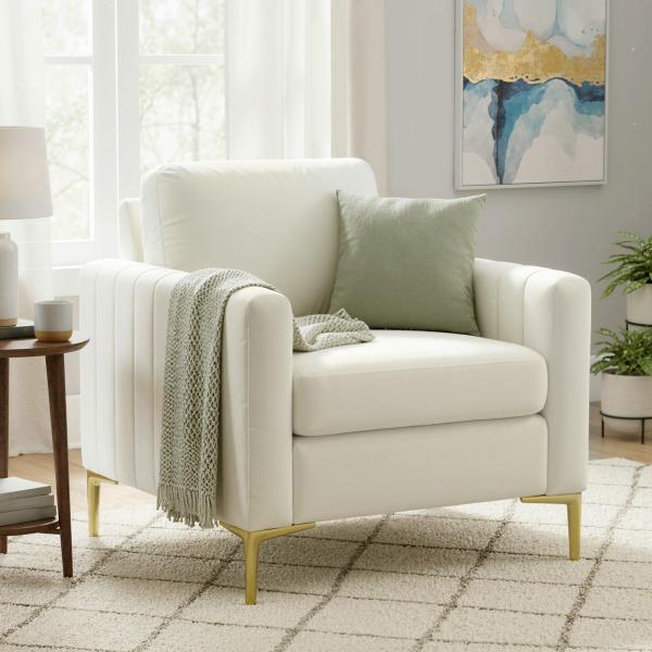 Poltrona de Sala Estofada em Veludo Acolchoamento Espesso Assento Amplo Apoio de Braços Almofada 81x77x81 cm Creme