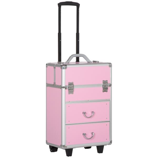 Mala de Maquilhagem Professional com Rodas 6 Gavetas Extensíveis Fechadura 2 Chaves e Alça Retrátil 36x23x58 cm Rosa