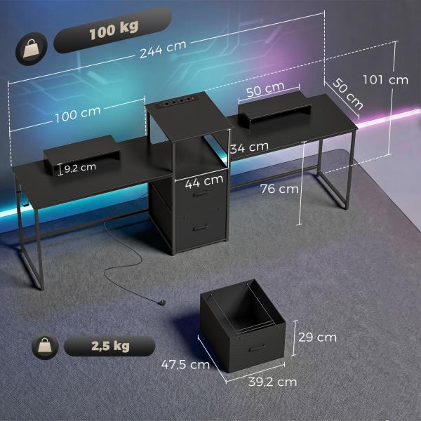 Mesa Gaming Dupla de 244 cm com Estação de Carga Portos USB Suportes para Monitor Gavetas de Tecido Preto