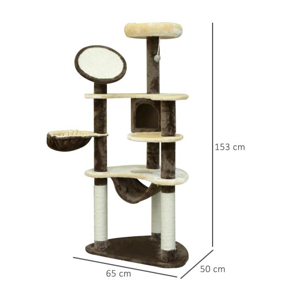Árvore Arranhador para Gatos Grande Altura 153cm Torre de Escalada para Gatos com Caverna Redes Plataformas Postes Arranhadores de Sisal e Bola Suspensa Marrom e Bege
