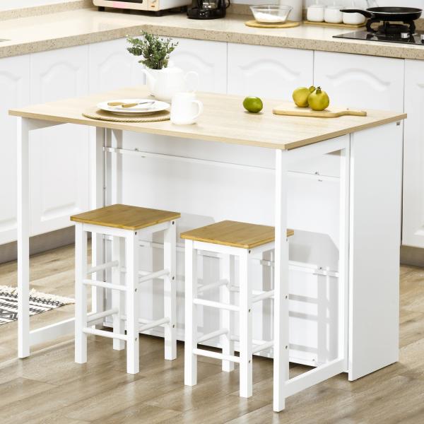 Mesa Alta Extensível com Lateral Dobrável Mesa de Bar com Compartimentos de Armazenamento e 1 Armário 116x79,5x91 cm Branco