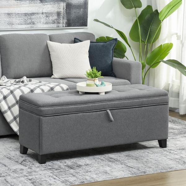Banco de Armazenamento com 2 Dobradiças de Segurança Tampa Rebatível para Quarto Sala de Estar 120x40x48 cm Cinza Escuro
