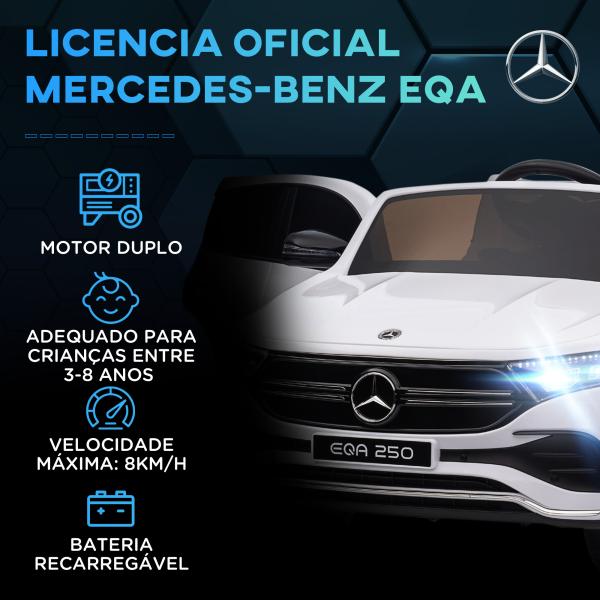 Carro Elétrico para Crianças Mercedes - Benz EQA 12V com Música Buzina Velocidade 3 - 8 km/h 111,5x69x52,5 cm Branco