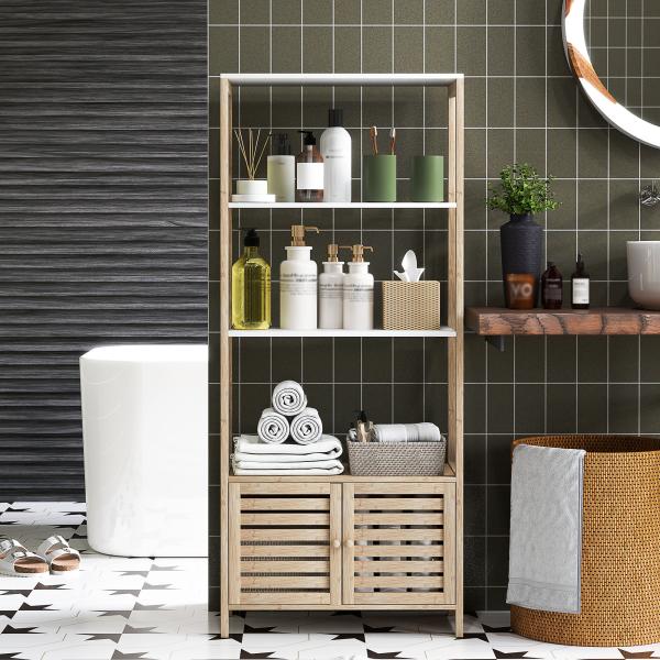 Estante para Casa de Banho de Bambu com 3 Prateleiras Abertas Estante de Arrumação Casa de Banho com Portas Ripadas 63x30x138 cm Madeira e Branco