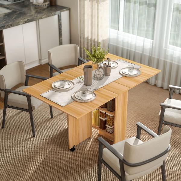 Mesa de Sala de Jantar Dobrável com Rodas Mesa Multifuncional para Sala de Jantar com 3 Formas 140x80x74cm Madeira