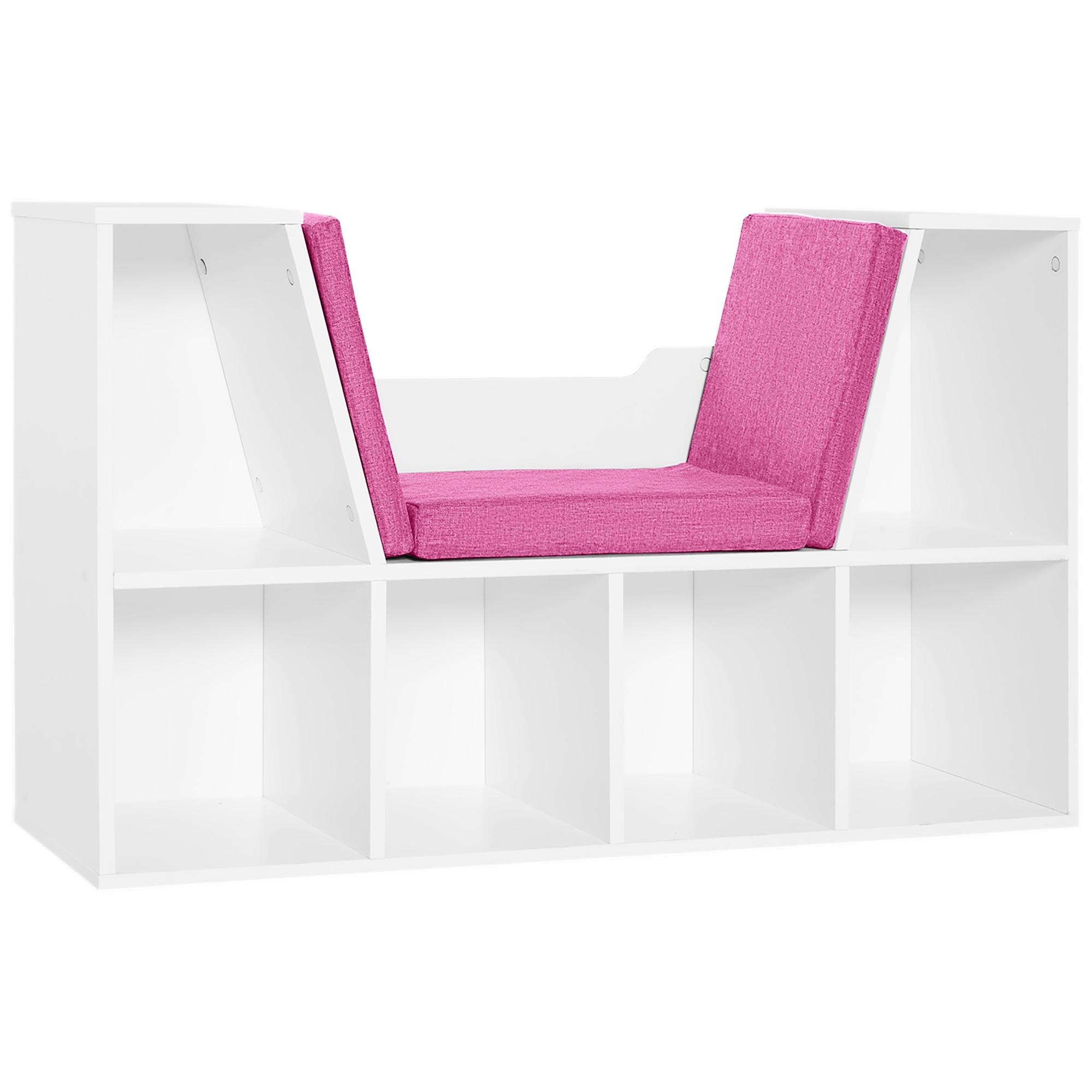 Estante Infantil com Assento Estante com 6 Cubos e Banco com Almofada 102x30x61cm Branco e Rosa