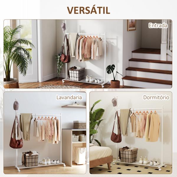 Charriot com Rodas 5 Ganchos Barra para Pendurar e Prateleira Inferior 120x43x171 cm Branco