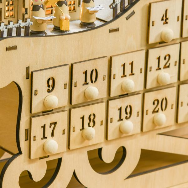 Calendário de Advento de Natal com Luzes LED e 24 Gavetas Decoração de Natal Modelo de Trenó 45x10x31cm Madeira Natural