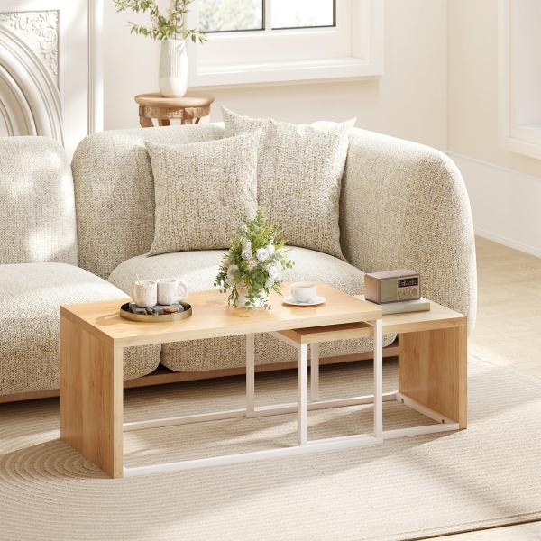 Conjunto de 2 Mesas de Centro com Pés de Metal Estilo Industrial 90x48x42 cm e 59x42x36 cm Branco e Madeira