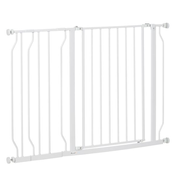 Barreira de Segurança para Cães Extensível para Escadas e Portas 75 - 115cm com 2 Extensões e 10 - 20cm Montagem a Pressão Aço Altura 76cm Branco