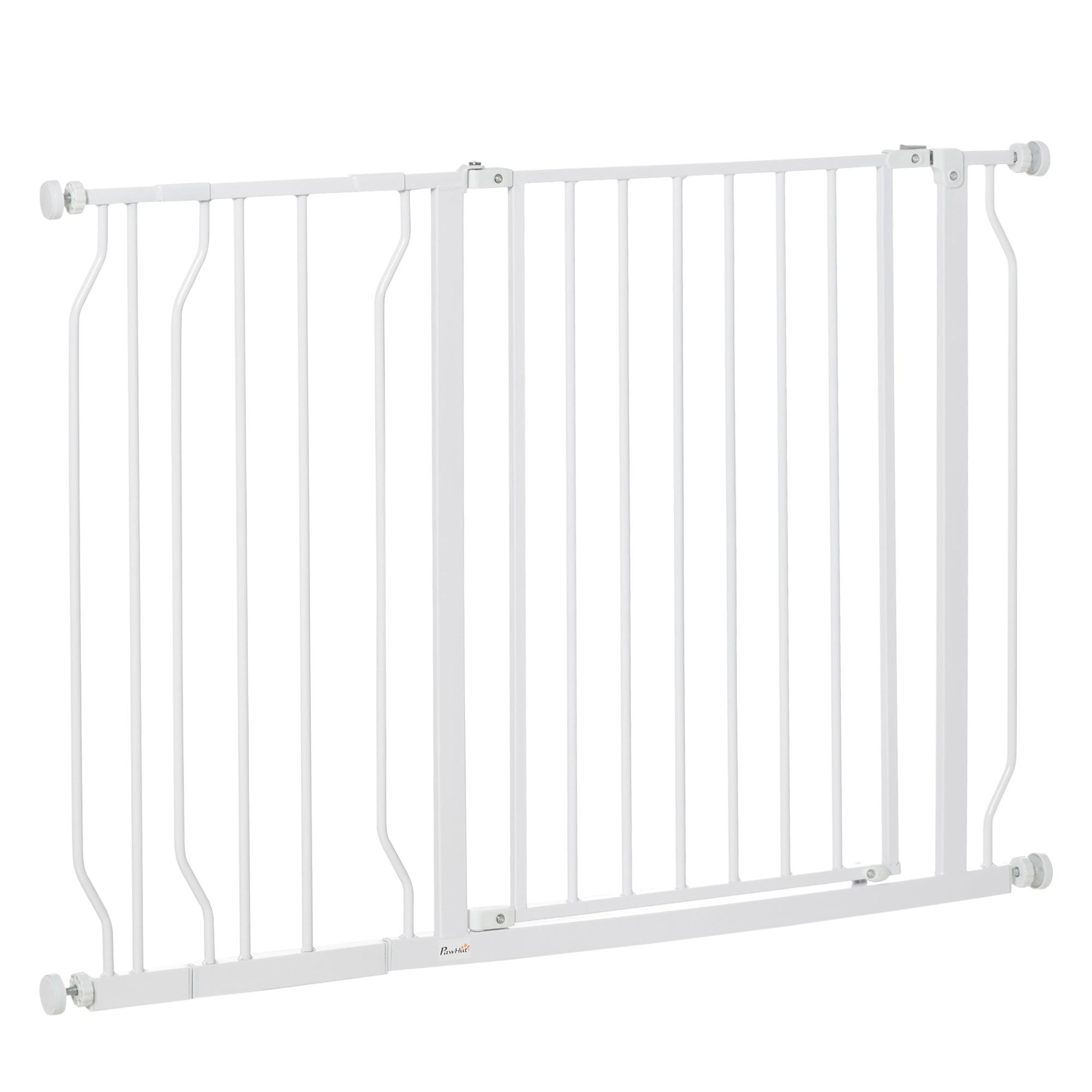 Barreira de Segurança para Cães Extensível para Escadas e Portas 75 - 115cm com 2 Extensões e 10 - 20cm Montagem a Pressão Aço Altura 76cm Branco