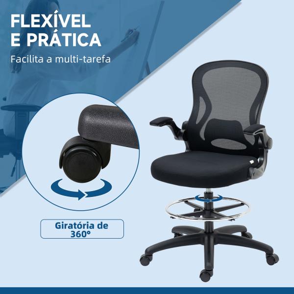 Cadeira de Escritório com Suporte Lombar Apoio para os Braços Dobrável e Altura Ajustável 59x65x102 - 122 cm Preto