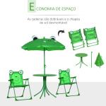 Conjunto de Mesa e Cadeira de Jardim Conjunto de Picnic Dobrável para Crianças Conjunto de Mesa com Chapéu de Sol com Altura Ajustável 100 - 125cm Desenho de Sapo Verde