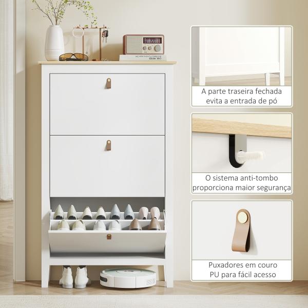 Sapateira para Entrada com 3 Gavetas Prateleiras Ajustáveis e Puxadores em PU para 21 Pares de Sapatos 80x24x131 cm Branco