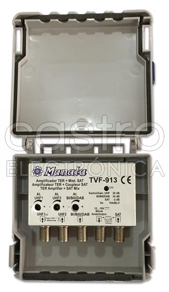 Amplificador Antena 4 Entradas (BI/BIII/DAB) - UHF/UHF/SAT - MANATA
