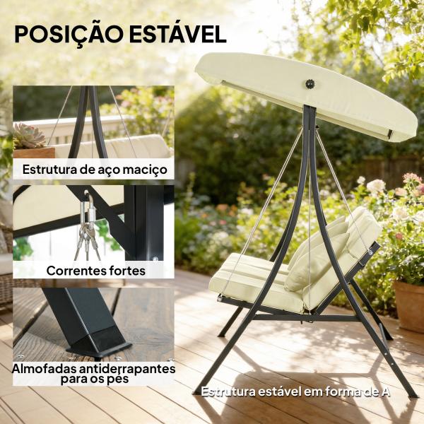 Baloiço de Jardim Exterior de 3 Lugares com Toldo Ajustável e Estrutura de Aço 202x115x168 cm Bege