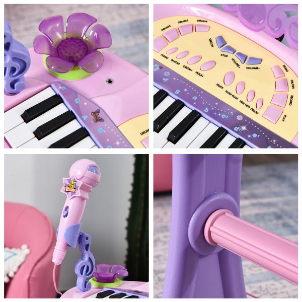 Piano Eléctrico Infantil 32 Teclas Piano Infantil com Microfone Banquinho Luzes Ritmos Sons MP3 Karaoke Rosa