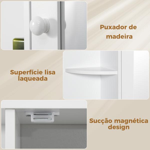 Armário de Casa de Banho com Espelho, Armário de Parede com Porta, Prateleiras Abertas, Móvel Suspenso para Cozinha, Sala, 66x17x63 cm, Branco