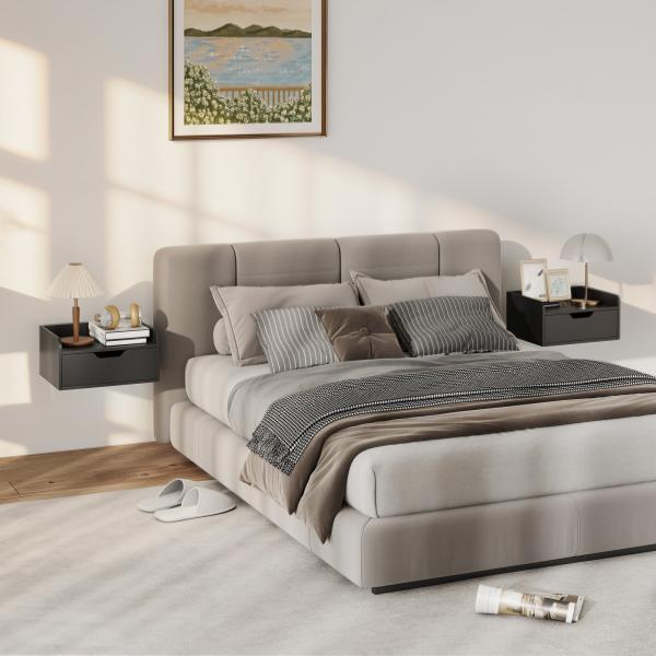 Conjunto de 2 Mesas de Cabeceira de Parede Flutuantes com 1 Gaveta para Quarto 40x30x19,5 cm Preto