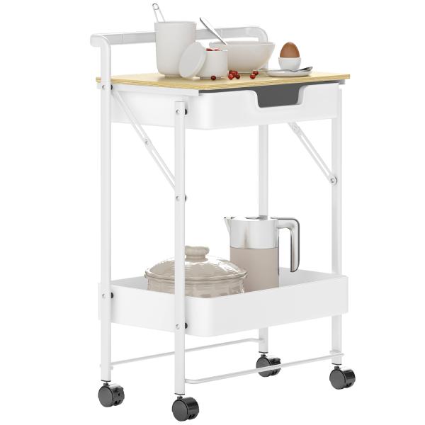 Carrinho Auxiliar com Rodas de 2 Níveis Carrinho de Cozinha com 1 Gaveta e 1 Cesto Carrinho Organizador 45x29,5x68 cm Branco