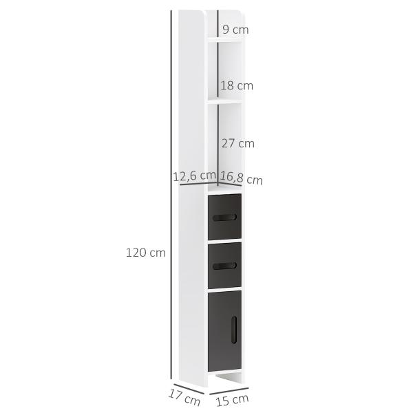 Coluna Casa de Banho com 3 Portas e 3 Prateleiras Abertas Coluna Auxiliar Estilo Moderno 15x17x120 cm Branco e Preto