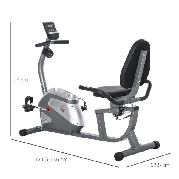 Bicicleta ergométrica reclinável com tela LCD e volante de 3 kg resistência magnética de 8 níveis assento ajustável 121,5 - 136x62,5x98 cm Cinza