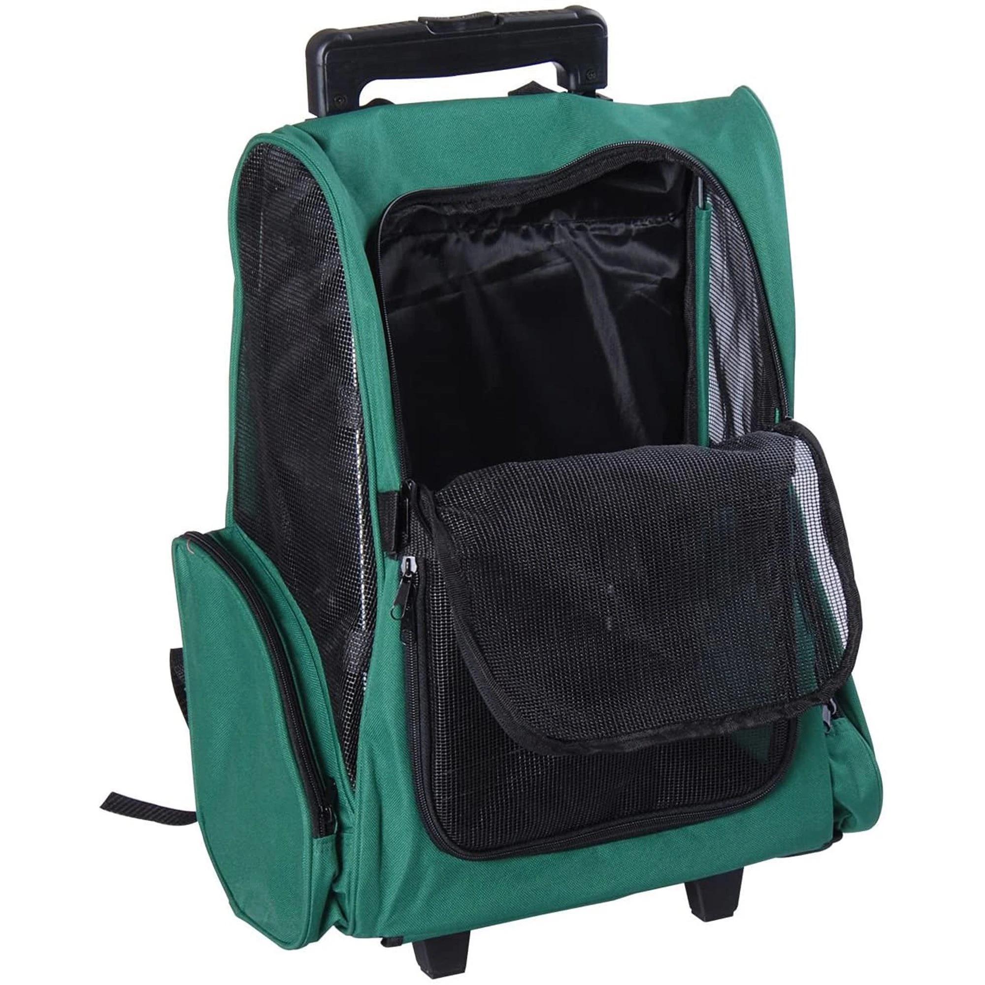 Transportadora 2 em 1 para Animais de Estimação Mochila ou Carrinho de Viagem para Cães e Gatos com 2 Rodas Alça Retrátil de Alumínio e Bolso de Armazenamento 42x25x55cm Verde