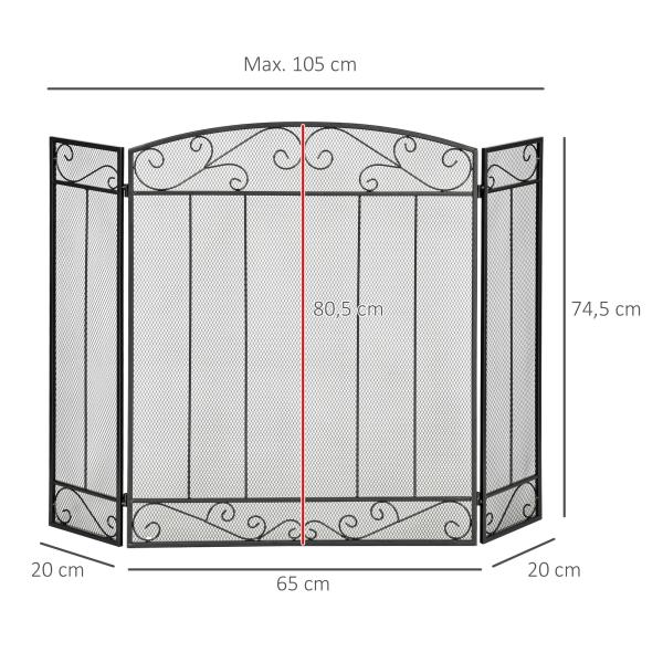 Frente de Lareira Dobrável Frente para Lareira com 3 Painéis Dobradiças Estrutura de Metal e Arame Decorativo 105x80,5cm Preto