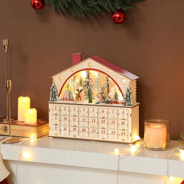 Calendário do Advento em Madeira com Luzes LED e 24 Gavetas Cena de Vila Decoração Natalícia 36x10x34 cm Madeira