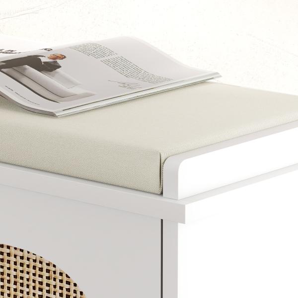 Banco para Sapatos Boho com Assento Acolchoado Porta de Rattan Gaveta Basculante Prateleira Ajustável 8 Pares 80x26x47,5 cm Branco