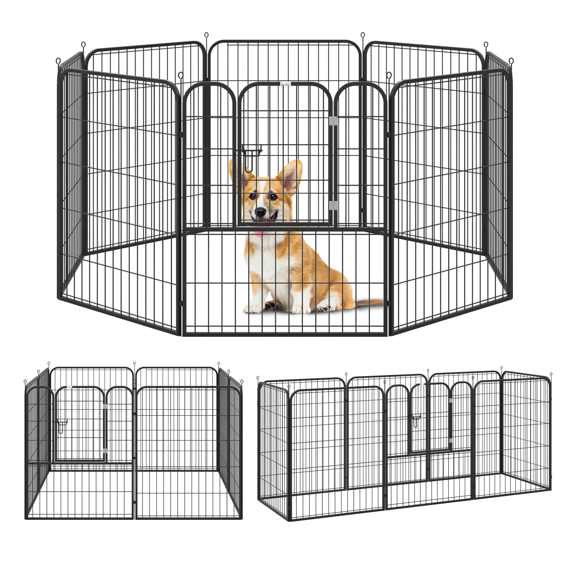 Parque para animais de estimação com 8 Varas Dobrável com Porta e Dupla Trava 79x100cm Preto