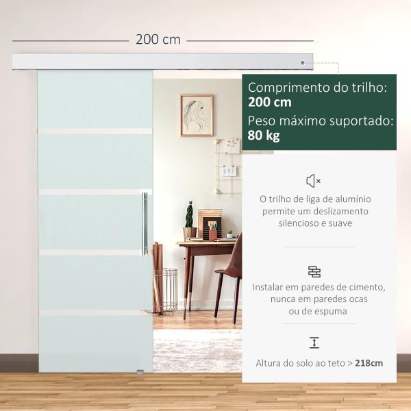 Porta de Correr de Vidro 77,5x205 cm Porta de Correr de Vidro com Trilho Translúcida