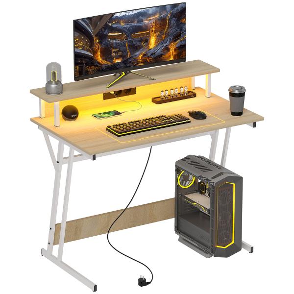 Secretária Gaming com Luzes LED 100x60x88,5 cm com Tomadas de Corrente Suporte para Monitor Prateleiras e Controlo Remoto Madeira