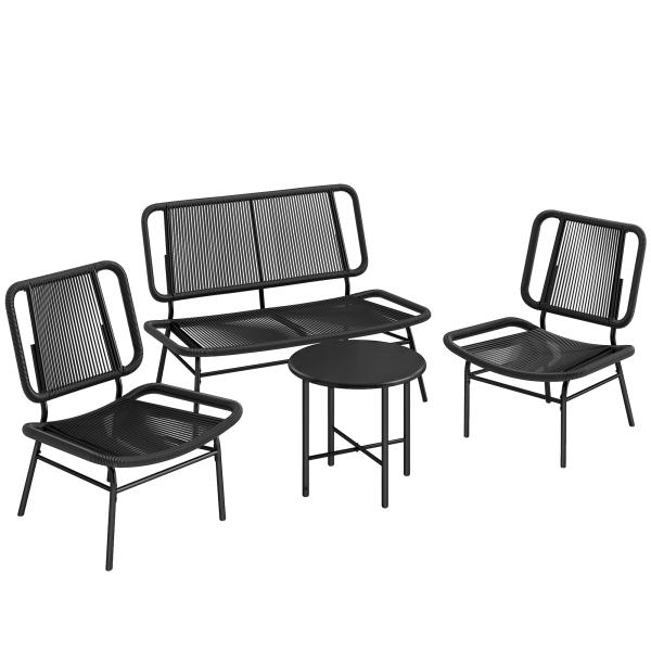 Conjunto Jardim de Vime com 4 Peças Inclui Sofá de 2 Lugares 2 Poltronas e Mesa de Centro com Tampo Metálico Preto