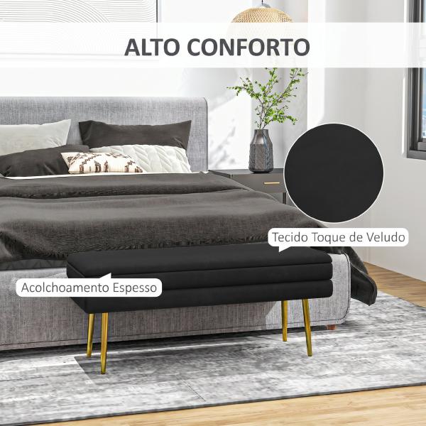 Baú de Arrumação para Quarto 39 L em Veludo com Pés de Aço 100x37,5x42 cm Preto