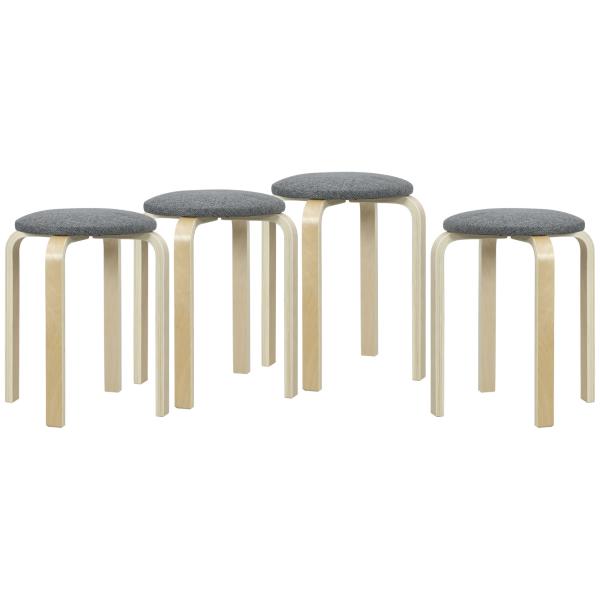Conjunto de 4 Bancos Empilháveis Redondos Bancos Baixos de Cozinha com Assento Acolchoado Ø40x45 cm Cinzento e Madeira