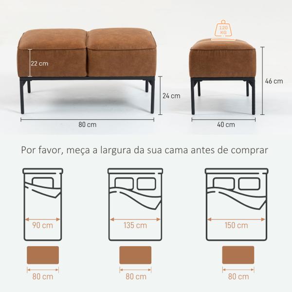 Banco ao Pé da Cama Multifuncional Moderno com Assento Acolchoado Espesso e Pés em Aço PU 80x40x46 cm Castanho