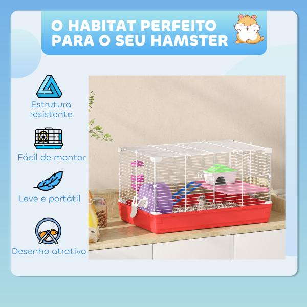 Gaiola para Hamster com Comedouro Bebedouro Rampa Ropa de Exercício para Pequenos Animais 47x30x27cm Branco e Vermelho
