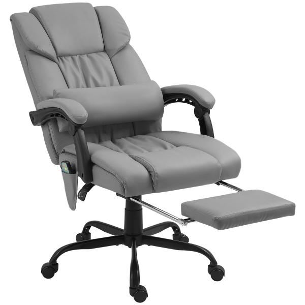 Cadeira de Escritório com Massagem de 6 Pontos Encosto Alto Reclinável Apoio para Pés e Controlo Remoto 66x75x112 - 122 cm Cinza