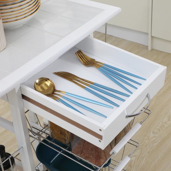 Carrinho de Cozinha com Rodas Gaveta 4 Cestas de Metal e 4 Suportes para Temperos Laterais 57x37x83cm Branco