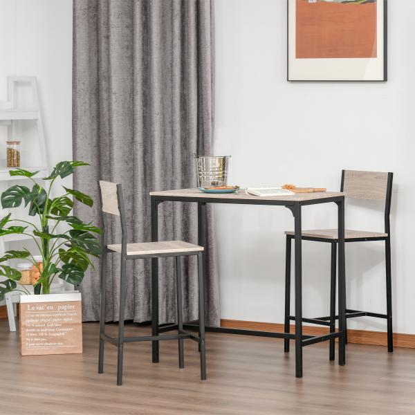 Conjunto de Mesa de Bar com 2 Bancos Conjunto de 3 Peças com 2 Bancos com Encosto e Apoio para Pés Design Industrial Madeira e Preto
