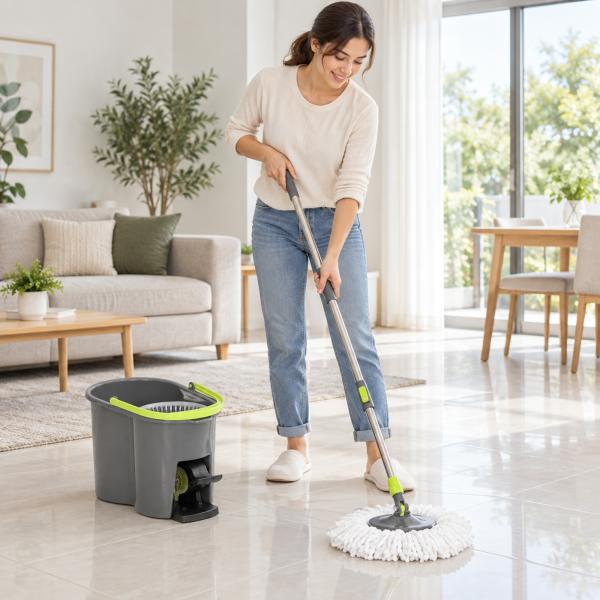 Conjunto de Esfregona e Balde com Espremedor 2 Compartimentos Balde de 20 L 5 Mopas de Microfibra Uso a Seco e Húmido Cinza Escuro