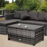 Mesa de Jardim em Vime Sintético Mesa Auxiliar com Vidro Temperado para Terraço Pátio, Varanda 85x50x39 cm Cinzento