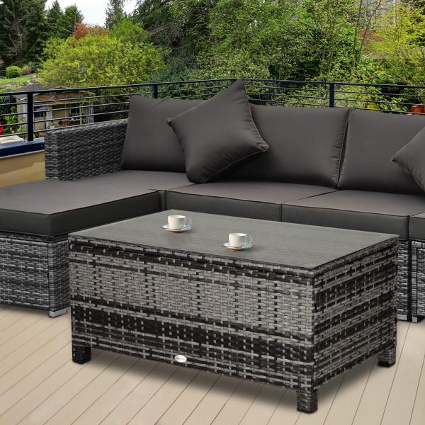 Mesa de Jardim em Vime Sintético Mesa Auxiliar com Vidro Temperado para Terraço Pátio, Varanda 85x50x39 cm Cinzento